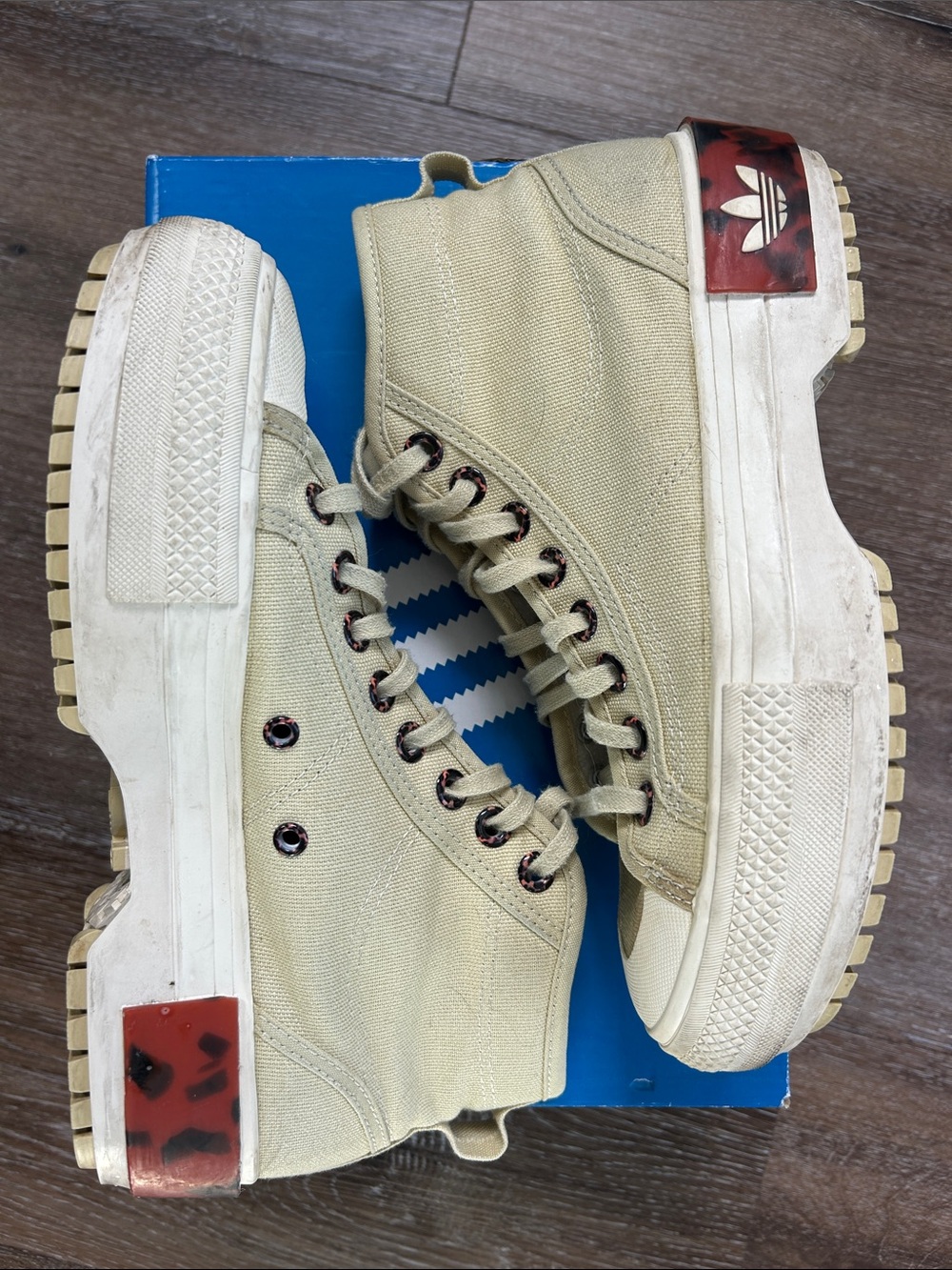 adidas Beige Canvas Platform Ankle Boots with Red Heel Patch